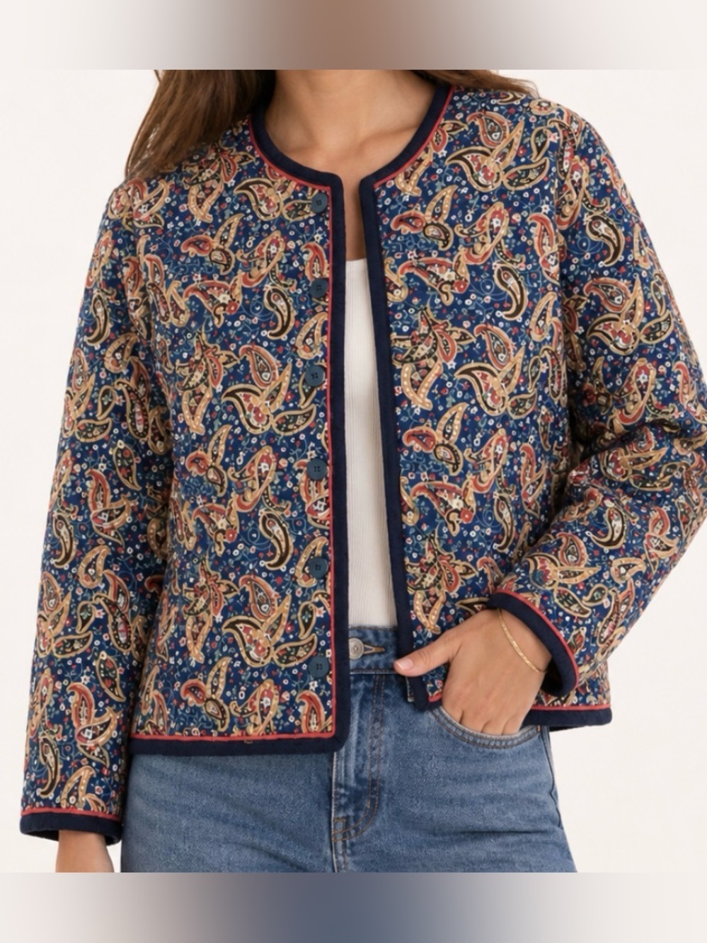 Vintage Quilted Jacket Paisley Designer Style Cottage Boho Red Navy Size 14